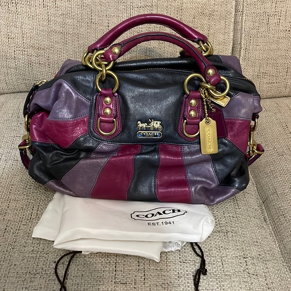 Coach Ombre Purple multicolored leather satchel with leather shoulder strap.